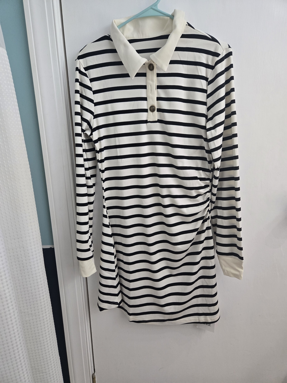 Cider Black and White Striped Long-Sleeve Polo Dress